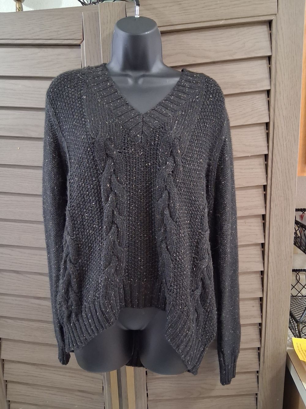 Elan Dark Charcoal V-Neck Cable Knit Sweater